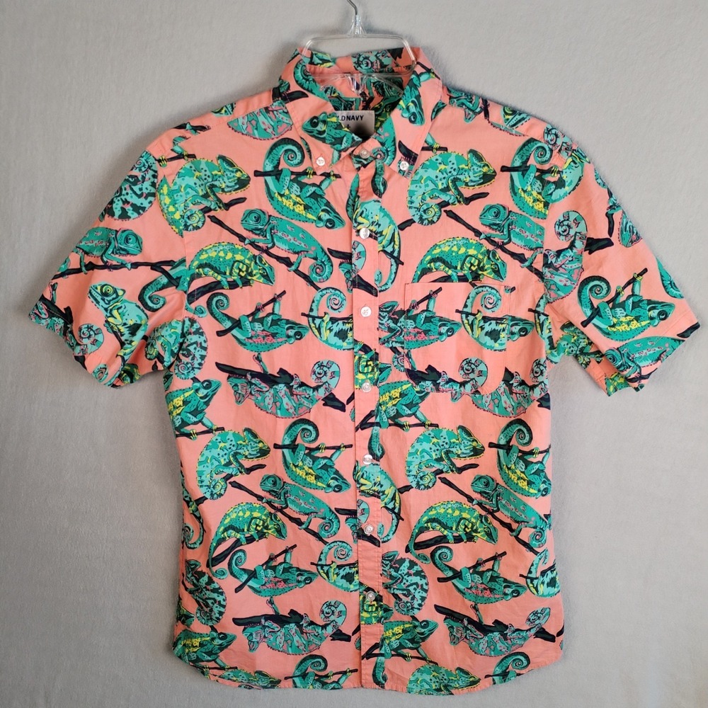Old Navy Men's Small Shirt Chameleon Lizard Print Coral Pink Green Short Sleeve